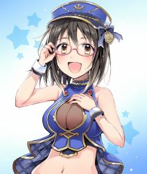Rule 34 | 1girl, adjusting eyewear, bare shoulders, black hair, blue background, blue hat, blue napoleon (idolmaster), blue ribbon, blue shirt, blush, bow, breasts, brown eyes, cleavage, cropped shirt, dot nose, gold trim, gradient background, gum (vivid garden), hair bow, hair ribbon, hat, idolmaster, idolmaster cinderella girls, idolmaster cinderella girls starlight stage, kamijo haruna, looking at viewer, medium breasts, open mouth, pink-framed eyewear, ribbon, see-through, see-through cleavage, shirt, short hair, sleeveless, sleeveless shirt, smile, solo, star (symbol), starry background, upper body, white wristband