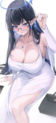 Rule 34 | 1girl, alternate costume, arm support, armpits, black-framed eyewear, black hair, blue archive, blue eyes, blue eyeshadow, blue hair, blush, breasts, cleavage, collarbone, cropped jacket, dongtan dress, dress, eyeshadow, feet out of frame, giga-tera, glasses, halo, highres, jacket, jewelry, large breasts, looking at viewer, makeup, meme attire, multicolored hair, pointy ears, rin (blue archive), ring, simple background, sitting, solo, straight hair, two-tone hair, white background, white dress, white jacket