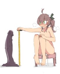 Rule 34 | 1girl, ahoge, black ribbon, blush, brown hair, cat hair ornament, completely nude, dildo, green eyes, hair ornament, highres, hololive, huge dildo, natsuiro matsuri, nude, on stool, pussy juice, ribbon, saba lewd, sex toy, side ponytail, sitting, solo, tape measure, uncensored, virtual youtuber