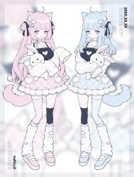 Rule 34 | 2girls, ahoge, animal ears, asymmetrical legwear, black thighhighs, blue eyes, blue footwear, blue hair, blue skirt, blue thighhighs, bow choker, breasts, cat ears, cat girl, cat tail, crossed arms, english text, frilled skirt, frills, full body, hair ornament, hand up, heart, highres, holding, holding stuffed toy, jacket, leg warmers, long hair, mismatched legwear, multiple girls, off shoulder, original, paid reward available, pink footwear, pink hair, pink skirt, pink thighhighs, shirt, skirt, sleeveless, sleeveless shirt, sleeves past wrists, spaghetti strap, standing, stuffed animal, stuffed rabbit, stuffed toy, tail, thighhighs, ting (tingiiio), twitter username, uneven legwear, white jacket, white leg warmers, x hair ornament