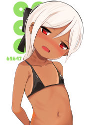 Rule 34 | 1girl, arms behind back, bare legs, bare shoulders, bikini, bikini tan, black bikini, black bow, blush, bow, collarbone, commentary request, fang, hair between eyes, hair bow, head tilt, highres, long hair, looking at viewer, navel, nose blush, open mouth, original, red eyes, solo, surio, swimsuit, tan, tanline, upper body, white background, white hair