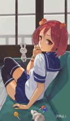 Rule 34 | 10s, 1girl, rabbit, candy, hair bobbles, hair ornament, jewelry, kantai collection, lollipop, looking at viewer, looking back, mouth hold, pink eyes, pink hair, ring, sazanami (kancolle), school uniform, serafuku, short hair, skirt, solo, thighhighs, toro (konirio), twintails, wedding band