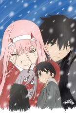 Rule 34 | 10s, 1boy, 1girl, aged down, black hair, blue eyes, colored skin, couple, darling in the franxx, green eyes, highres, hiro (darling in the franxx), horns, long hair, pilot suit, pink hair, red skin, short hair, signature, snowing, user gzch8584, zero two (darling in the franxx)
