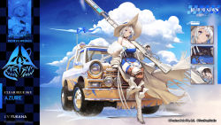 Rule 34 | 1girl, alchemy stars, azure (alchemy stars), bare shoulders, beach, belt, blue eyes, blue hair, boots, breasts, car, cleavage, cloud, cloudy sky, coat, cowboy hat, dress, fur-trimmed jacket, fur trim, gun, hat, heels, highres, jacket, jeep, large breasts, looking at viewer, motor vehicle, multicolored hair, official art, open clothes, open coat, rifle, short dress, sky, sleeves past wrists, sniper rifle, thighhighs, thighs, weapon, white hair