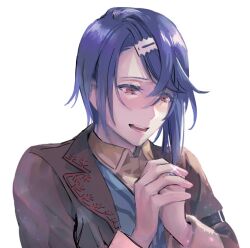 Rule 34 | 1boy, alcryst (fire emblem), asymmetrical hair, blue hair, eyelashes, fire emblem, fire emblem engage, hair between eyes, hair ornament, hairclip, heavelle, jewelry, male focus, nintendo, open mouth, own hands clasped, own hands together, red eyes, ring, shirt, short hair, smile, solo, white background