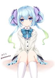 Rule 34 | 1girl, :o, bad id, bad pixiv id, between legs, black skirt, blazer, blue bow, blue eyes, blue hair, blush, bow, collared shirt, copyright request, dated, diagonal stripes, double bun, dress shirt, feet out of frame, frilled skirt, frills, gradient hair, green hair, hair between eyes, hair bow, hair bun, hand between legs, jacket, kneehighs, looking at viewer, multicolored hair, nanase nao, parted lips, purple bow, shirt, side bun, sitting, skirt, socks, solo, striped, striped bow, twintails, twitter username, white background, white jacket, white shirt, white socks