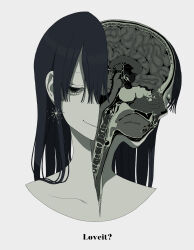 Rule 34 | 1girl, anatomy, black hair, brain, collarbone, commentary, cropped shoulders, cross-section, dilated pupils, earrings, empty eyes, english text, evil smile, eyelashes, half-closed eyes, highres, jewelry, long hair, looking at viewer, loveit (vocaloid), one eye closed, organs, original, panda23577667, parody, smile, solo, song name, split head, white background