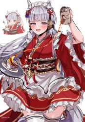 Rule 34 | 1girl, absurdres, alternate costume, animal ears, blush, commentary request, cowboy shot, cup, ear ornament, enmaided, frilled kimono, frills, gold ship (umamusume), grey hair, highres, holding, holding teapot, holding tray, horse ears, horse girl, horse tail, japanese clothes, kimono, long sleeves, maid, mare ma, multiple views, open mouth, purple eyes, red kimono, smile, tail, tea, teacup, teapot, teeth, thighhighs, tray, twitter username, umamusume, unconventional maid, upper teeth only, white background, white thighhighs, wide sleeves