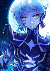 Rule 34 | 1boy, androgynous, armor, asymmetrical hair, blue bodysuit, blue hair, blue theme, bodysuit, chromatic aberration, closed mouth, expressionless, eyelashes, fingerless gloves, full moon, gloves, hair between eyes, highres, light particles, looking at viewer, male focus, moon, night, night sky, parted lips, protagonist (smtv), sherytan, shin megami tensei, shin megami tensei v, shin megami tensei v: vengeance, short hair, single sidelock, sky, solo, upper body, yellow eyes