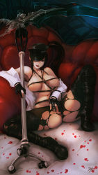 Rule 34 | 1girl, 21yc (september breeze), :q, bare shoulders, bed, between legs, black footwear, black gloves, black pantyhose, boots, breasts, breasts apart, brown hair, collared shirt, covering privates, covering crotch, frilled pillow, frills, gloves, hand between legs, harness, hat, hat over one eye, heart, heart-shaped pillow, high heel boots, high heels, high ponytail, highres, knee up, licking lips, lipstick, long hair, long sleeves, looking at viewer, mabinogi, mabinogi heroes, makeup, mascara, medium breasts, nipples, no bra, no panties, no pants, o-ring, off shoulder, on bed, one eye covered, open clothes, open shirt, oversized object, pantyhose, partially fingerless gloves, partially visible anus, peaked cap, petals, pillow, ponytail, red eyes, red lips, rose petals, scythe, shirt, side ponytail, signature, sitting, solo, spread legs, succubus (mabinogi), thigh boots, thighhighs, thighs, tongue, tongue out, torn clothes, torn legwear, wheel, white shirt