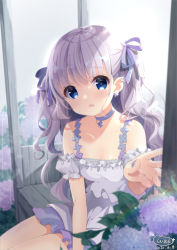 Rule 34 | 1girl, bare shoulders, blue choker, blue eyes, blue ribbon, blurry, blurry background, blurry foreground, choker, collarbone, commentary request, dated, depth of field, detached sleeves, dress, flower, hair ribbon, highres, hydrangea, long hair, nail polish, neki (wakiko), original, parted lips, puffy short sleeves, puffy sleeves, purple flower, purple hair, purple nails, ribbon, short sleeves, signature, sitting, sleeveless, sleeveless dress, solo, two side up, very long hair, white dress, white sleeves