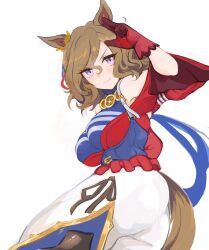Rule 34 | 1girl, animal ears, armpits, ass, bare shoulders, breasts, brown hair, clothing cutout, ear ornament, from behind, gloves, hair between eyes, hand on own head, highres, horse ears, horse girl, horse tail, jacket, large breasts, long sleeves, looking at viewer, purple eyes, red gloves, shimura (hosshi), shirt, short hair, skirt, smile, solo, tail, tail through clothes, tap dance city (umamusume), umamusume, wavy hair, white background, white skirt