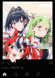 Rule 34 | 3girls, absurdres, animal ears, black hair, blue eyes, bow, bow earrings, braid, ceres fauna, earrings, fake screenshot, flower, fourth wall, green hair, hair flower, hair intakes, hair ornament, hakos baelz, highres, hololive, hololive english, hololive idol uniform (bright), jewelry, miraru (miracle), mouse ears, mouse girl, multiple girls, official alternate costume, ouro kronii, red hair, star (symbol), star earrings, twintails, virtual youtuber, yellow eyes