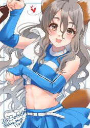 Rule 34 | 1girl, absurdres, alternate costume, animal ears, blue shirt, blue skirt, bridal gauntlets, brown eyes, cheerleader, clenched hand, cowboy shot, dated, fox ears, fox tail, grey hair, highres, hokkaido nippon-ham fighters, kantai collection, kitsune dance, looking at viewer, midriff, nippon professional baseball, one-hour drawing challenge, paw pose, pleated skirt, pola (kancolle), shiomugi (shio mugi1107), shirt, skirt, sleeveless, sleeveless shirt, tail, thick eyebrows, twitter username, two-tone shirt, wavy hair