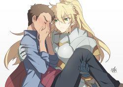 Rule 34 | 10s, 1boy, 1girl, alicetaria february, armor, blonde hair, brown hair, carrying, closed mouth, covering face, embarrassed, green eyes, long hair, looking at another, nikame, princess carry, re:creators, short hair, takarada gai