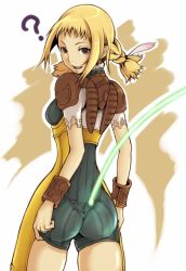 Rule 34 | 00s, 1girl, ?, adjusting clothes, ass, blonde hair, bracer, braid, brown eyes, final fantasy, final fantasy xii, gameplay mechanics, ina (gokihoihoi), looking back, open mouth, penelo, shoulder pads, smile, solo, standing, twin braids, unitard