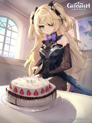 Rule 34 | 1girl, absurdres, bare shoulders, blonde hair, breasts, cake, copyright name, fischl (genshin impact), food, genshin impact, green eyes, highres, holding, holding knife, indoors, knife, long hair, looking at viewer, oz (genshin impact), sincronic, small breasts, smile, solo, two side up, very long hair, window