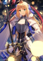 Rule 34 | 1girl, 2girls, absurdres, armor, armored dress, artoria caster (fate), artoria caster (third ascension) (fate), artoria pendragon (fate), blonde hair, blue bow, blue ribbon, bow, bracelet, breasts, closed mouth, dress, fate/grand order, fate (series), gold trim, green eyes, hair between eyes, hair bow, hair ornament, highres, holding, jewelry, long hair, long sleeves, looking at viewer, multiple girls, one heart1201, red ribbon, diamond (shape), ribbon, smile, solo, standing, upper body, very long hair, white dress