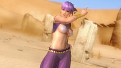 Rule 34 | 1girl, 3d, alternate costume, arabian clothes, ayane (doa), bare arms, bikini, bikini top only, bracelet, breasts, dead or alive, dead or alive 5, desert, dutch angle, earrings, female focus, hand on own hip, jewelry, large breasts, lips, looking at viewer, navel, official art, pants, purple hair, red eyes, ring, sand, see-through, short hair, smile, solo, swimsuit, tecmo, underboob, vest