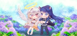 Rule 34 | 2girls, alternate costume, angel wings, animal ears, blue flower, blurry, blurry background, chibi, depth of field, doremy sweet, feathered wings, field, flower, flower field, full body, grey hair, halo, highres, holding hands, hydrangea, kishin sagume, looking at another, looking to the side, monocle, multiple girls, no headwear, open mouth, pink flower, purple flower, sakikagami, single wing, tapir ears, touhou, white wings, wings