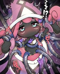 Rule 34 | !?, 1girl, aqua eyes, arms up, black skin, blush, colored skin, creatures (company), emphasis lines, female focus, from above, game freak, gen 7 pokemon, half-closed eyes, hat, heart, heart-shaped pupils, legendary pokemon, long hair, looking up, multicolored eyes, nintendo, no humans, no mouth, nose blush, pink background, pink eyes, pink hair, pink hat, pokemon, pokemon (creature), restrained, rmtwo, solo, speech bubble, sweat, symbol-shaped pupils, tapu lele, tears, tentacles