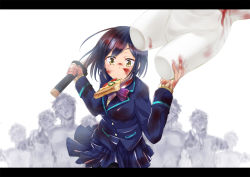 Rule 34 | 1girl, 6+boys, black hair, black legwear, blazer, blood, blood on face, blue jacket, blue skirt, breasts, closed mouth, collared shirt, commentary request, fingernails, food, food in mouth, head tilt, holding, holding sword, holding weapon, iga tamaki, jacket, katana, letterboxed, long sleeves, looking at viewer, medium breasts, mouth hold, multiple boys, nijisanji, outstretched arms, pizza, pizza slice, pleated skirt, running, school uniform, shirt, shizuka rin, short hair, skirt, sleeves past wrists, solo focus, sword, virtual youtuber, weapon, white background, white shirt, yellow eyes, zombie
