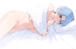 1girl aochoku bed_sheet blanket blue_eyes blue_hair closed_mouth completely_nude covering_privates covering_breasts cowboy_shot earrings groin highres jewelry looking_at_viewer lying navel nude on_side original parted_lips solo stud_earrings