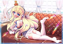 Rule 34 | 1girl, absurdres, alma stella, azur lane, black hairband, blonde hair, blue eyes, couch, cross, crown, cup, curtains, drill hair, gloves, hair ribbon, hairband, highres, indoors, legs, long hair, looking at viewer, looking back, lying, mini crown, no shoes, on couch, on stomach, open mouth, queen elizabeth (azur lane), ribbon, smile, soles, solo, teacup, thighhighs, tilted headwear, twin drills, white gloves, white ribbon, white thighhighs, window