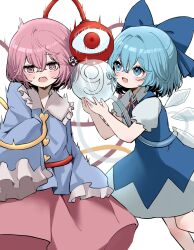 Rule 34 | 2girls, :d, arm at side, ball, black dress, blue bow, blue eyes, blue hair, blue shirt, blush, bow, cirno, cold, collared shirt, commentary request, cowboy shot, dress, frilled shirt collar, frilled sleeves, frills, hair between eyes, hair bow, hands up, heart, highres, holding, holding ball, ice, ice wings, iceball, komeiji satori, long sleeves, looking at another, looking at viewer, medium hair, mikan (manmarumikan), multiple girls, neck ribbon, open mouth, pink eyes, pink hair, pink skirt, prank, puffy short sleeves, puffy sleeves, red ribbon, ribbon, shirt, short hair, short sleeves, simple background, skirt, sleeveless, sleeveless dress, sleeves past fingers, sleeves past wrists, smile, sound effects, sweat, third eye, touhou, white background, white shirt, wide-eyed, wings