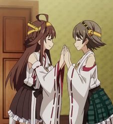 Rule 34 | 10s, 2girls, ahoge, animated, animated gif, brown hair, double bun, hair ornament, hairband, hiei (kancolle), japanese clothes, kantai collection, kongou (kancolle), long hair, lowres, multiple girls, nontraditional miko