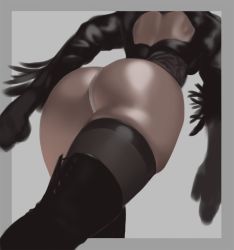 Rule 34 | 1girl, ass, bare back, black thighhighs, boots, close-up, commentary request, cross-laced footwear, derivative work, feather-trimmed sleeves, from below, hip focus, houtengeki, leotard, long sleeves, nier (series), nier:automata, shiny skin, skindentation, solo, thigh boots, thighhighs, thighs, underwear, unfinished, walking, white leotard, wide hips, 2b (nier:automata)