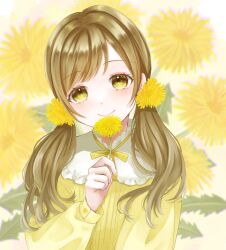 Rule 34 | 1girl, blush, brown hair, dandelion, flower, hair flower, hair ornament, highres, holding, holding flower, long hair, long sleeves, looking at viewer, low twintails, neck ribbon, original, ribbon, smile, solo, suzuko (suzukosz), twintails, upper body, yellow eyes