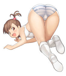Rule 34 | 00s, 1girl, a1 (initial-g), all fours, ass, bent over, blush, boots, bra, brown eyes, brown hair, embarrassed, futami mami, hair bobbles, hair ornament, idolmaster, idolmaster (classic), idolmaster 1, lingerie, looking back, panties, short hair, side ponytail, solo, striped clothes, striped panties, tears, thigh gap, thighs, top-down bottom-up, trefoil, underwear, underwear only