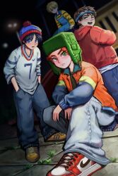 Rule 34 | 4boys, beanie, black hair, blonde hair, blue eyes, brown hair, closed mouth, denim, eric cartman, freckles, green eyes, h2co3 vv, hands in pockets, hat, headband, highres, hood, hood down, jacket, jeans, jersey, kenny mccormick, kyle broflovski, looking at viewer, male focus, multiple boys, open clothes, open jacket, open mouth, outdoors, overalls, pants, red hair, shirt, shoes, sitting, sneakers, south park, stan marsh, standing