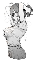 Rule 34 | 1girl, adjusting hair, ahoge, arms up, blush, breasts, cropped legs, genderswap, genderswap (mtf), glasses, greyscale, highres, hot, indie virtual youtuber, kushizaki (vtuber), large breasts, monochrome, pleated skirt, ponytail, profile, rubber band, school uniform, shirt tucked in, short sleeves, simple background, skirt, solo, st (youx1119), steam, sweatdrop, tying hair, virtual youtuber, white background