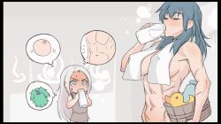 Rule 34 | 2girls, abs, bathhouse, blonde hair, blue eyes, blue hair, blush, bottle, breasts, bucket, byleth (female) (fire emblem), byleth (fire emblem), chibi, closed eyes, clothed female nude female, convenient censoring, drink, drinking, edelgard von hresvelg, eyebrows, female focus, fire emblem, fire emblem: three houses, full-face blush, furrowed brow, holding, holding bucket, holding drink, large breasts, long hair, looking at another, looking at breasts, mikoyan, milk, motion lines, multiple girls, muscular, muscular female, navel, nintendo, nude, out-of-frame censoring, rubber duck, sanpaku, scar, sidelocks, standing, staring, steam, stomach, sweat, thought bubble, towel, towel around neck, towel over breasts, trembling, upper body, very long hair, white hair, wide-eyed, wooden bucket, yuri
