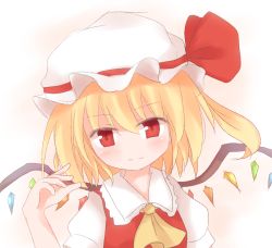 Rule 34 | 1girl, ascot, blonde hair, embodiment of scarlet devil, female focus, flandre scarlet, hat, mob cap, red eyes, shize (coletti), smile, solo, touhou, upper body, white hat, wings