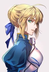 Rule 34 | 1girl, ahoge, armor, armored dress, artoria pendragon (all), artoria pendragon (fate), blonde hair, blue dress, blue ribbon, breastplate, commentary request, dress, fate/stay night, fate (series), from side, green eyes, hair bun, hair ribbon, highres, looking at viewer, parted lips, puffy sleeves, ribbon, saber (fate), single hair bun, solo, tenobe