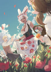 Rule 34 | 1boy, 3girls, animal ears, apron, blonde hair, blurry, blurry foreground, bow, braid, breasts, byuub, cat ears, cleavage, dated, day, dirndl, dutch angle, final fantasy, final fantasy xiv, flower, german clothes, grass, height difference, highres, hyur, lalafell, large breasts, long hair, long sleeves, looking at another, miqo&#039;te, multiple girls, open mouth, outdoors, pants, parted bangs, plunging neckline, pointy ears, rabbit ears, shirt, short hair, short sleeves, side braid, single braid, smile, standing, tan, twin braids, vest, viera, waist apron, warrior of light (ff14), white hair