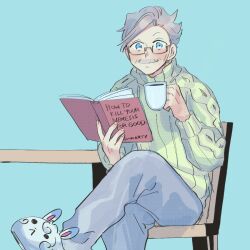 Rule 34 | 1boy, alternate costume, animal slippers, blue background, blue eyes, book, chair, coffee, crossed legs, cup, english text, facial hair, fate/grand order, fate (series), fingernails, fou (fate), glasses, grey hair, highres, holding, holding book, holding cup, james moriarty (archer) (fate), looking at viewer, male focus, mustache, old, old man, oneroom-disco, reading, simple background, sitting, slippers, solo, sweater, table, wrinkled skin