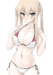 Rule 34 | 10s, 1girl, bikini, blonde hair, blue eyes, blush, breasts, cleavage, female focus, graf zeppelin (kancolle), kantai collection, large breasts, long hair, looking at viewer, navel, side-tie bikini bottom, simple background, solo, swimsuit, thigh gap, twintails, zekkyon