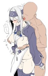 Rule 34 | 10s, 1boy, 1girl, ainu clothes, between breasts, blush, breasts, clenched hand, clenched teeth, closed eyes, ear licking, faceless, faceless male, folded ponytail, fundoshi, grabbing, grabbing another&#039;s breast, headband, hetero, japanese clothes, kamoi (kancolle), kantai collection, kinosuke (sositeimanoga), large breasts, licking, long hair, long sleeves, nipple stimulation, nipple tweak, nipples, nose blush, pelvic curtain, sweat, tears, teeth, thighhighs, white hair, wince