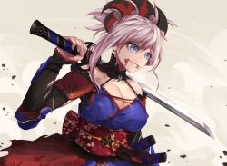 Rule 34 | 1girl, arm up, belt, blood, blood on face, blue eyes, braid, breasts, fate/grand order, fate (series), hair ornament, hairband, herigaru (fvgyvr000), holding, holding sword, holding weapon, japanese clothes, katana, kimono, large breasts, long hair, miyamoto musashi (fate), miyamoto musashi (second ascension) (fate), pink hair, simple background, smile, solo, sword, upper body, weapon, white background
