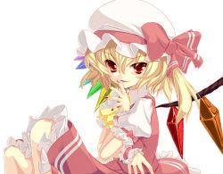 Rule 34 | 1girl, bad id, bad pixiv id, blonde hair, colorized, fang, female focus, fingernails, flandre scarlet, from side, gotou nao, hair between eyes, hat, mob cap, popi (pixiv), red eyes, ribbon, short hair, solo, touhou, vi (ena0930), wings