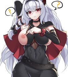 Rule 34 | 1girl, ?, @ @, arm up, black dress, blush, breasts, cape, dress, guardian tales, half vampire priscilla, highres, horns, large breasts, long hair, looking at viewer, nipples, p (user twhe8523), red eyes, silver hair, single horn, speech bubble, white background