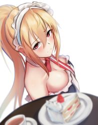 Rule 34 | 1girl, bare shoulders, blonde hair, blush, breasts, cleavage, closed mouth, from above, girls&#039; frontline, highres, holding, holding tray, lodbyy, long hair, looking at viewer, maid, maid headdress, medium breasts, ponytail, red eyes, solo, standing, sv-98 (girls&#039; frontline), sv-98 (waitress) (girls&#039; frontline), tray, white background