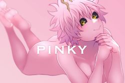 Rule 34 | 1girl, ashido mina, ass, black sclera, boku no hero academia, breasts, colored sclera, colored skin, completely nude, highres, horns, kobaji, large breasts, looking at viewer, nude, pink background, pink hair, pink skin, purple skin, short hair, smile, solo, yellow eyes