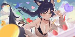 Rule 34 | 1girl, absurdres, animal ear fluff, animal ears, balloon, black bra, black collar, blue hair, blurry, blush, bra, breasts, chinese commentary, cleavage, cloud, cloudy sky, collar, collarbone, commentary request, depth of field, extra ears, green eyes, grin, hand on own hip, hand up, heart balloon, high ponytail, highres, large breasts, lens flare, long hair, looking at viewer, meridian project, off shoulder, ryoya, seki (vtuber), shirt, sidelocks, single bare shoulder, sky, smile, solo, tail, underwear, upper body, v, virtual youtuber, white shirt