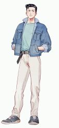 Rule 34 | 1boy, belt, black belt, black eyes, black hair, blue jacket, blue shirt, closed mouth, full body, halorane, hands in pockets, highres, jacket, looking ahead, male focus, mito youhei, open clothes, open jacket, pants, shirt, shoes, short hair, simple background, slam dunk (series), sneakers, solo, standing, white background, white pants