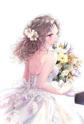 Rule 34 | 1girl, absurdres, bare arms, bare back, bare shoulders, beads, bouquet, bow, breasts, bride, brown hair, cowboy shot, cross-laced clothes, dress, earrings, eyelashes, flower, from behind, gem, gloves, hair flower, hair ornament, half updo, hand on another&#039;s hand, happy, highres, jewelry, long hair, long sleeves, looking at another, looking away, looking to the side, necklace, orange eyes, original, parted lips, pearl (gemstone), pearl earrings, puracotte, simple background, smile, solo focus, strapless, strapless dress, wedding dress, white background, white bow, white dress, white flower, white gloves, yellow flower